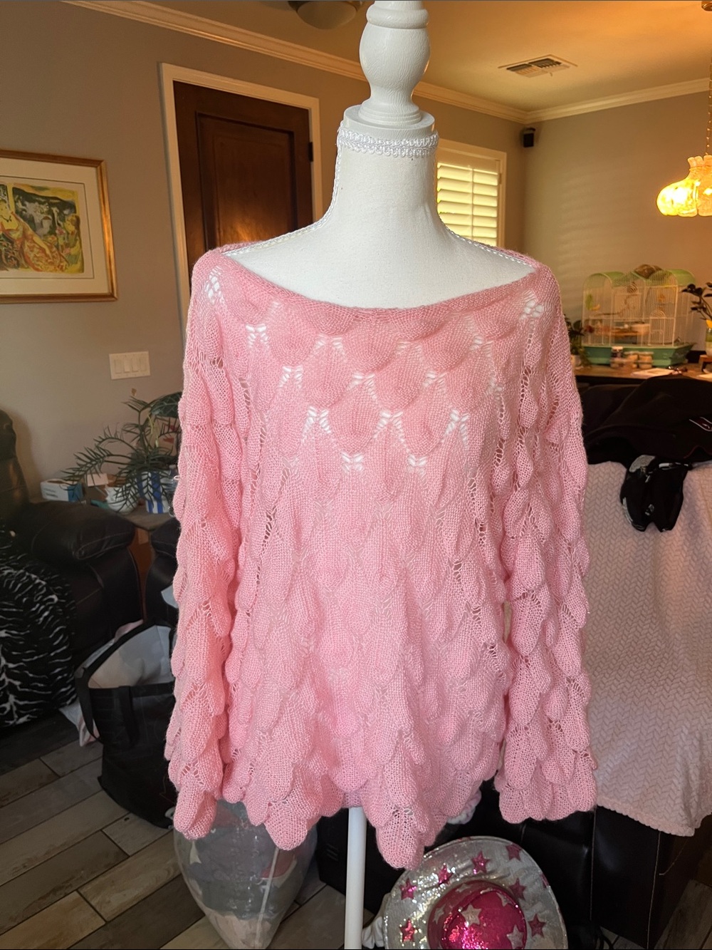 Off-the-Shoulder Pink Open Knit Sweater